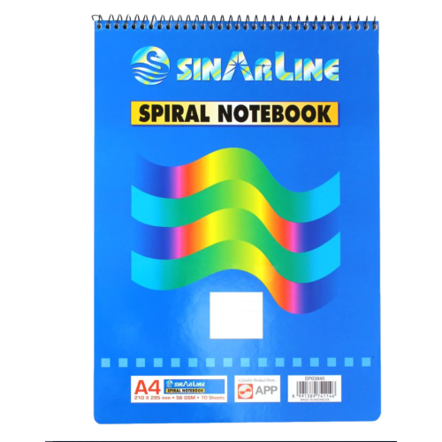 A4 SINARLINE SPIRAL PAD, TOP SPIRAL, LINE RULED, 56GSM, 70SHEETS/PAD, ASSORTED SIZES