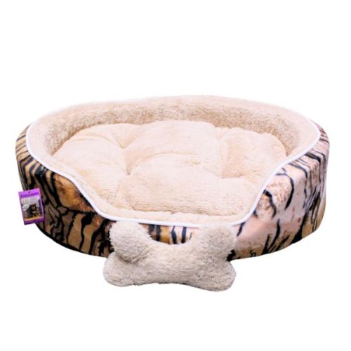 Coco Kindi Tiger Stripe Printed Washable Oval Shape Fur Bed For Dogs & Cats - Size 2 – 58 x 48 x 15cm