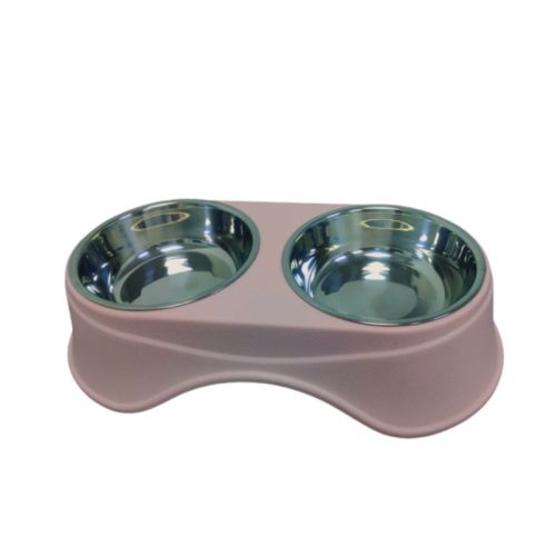Double Dining Pet Feedrer With Stainless Steel Bowl & Non Slip Rubber Bottom pink For Cats And Dogs - 36.5X19X9
