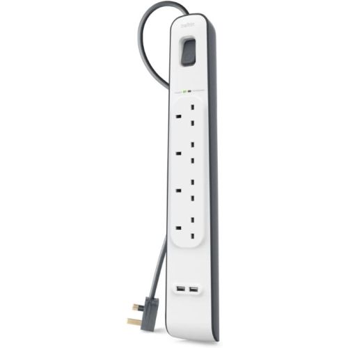 Belkin 4 Way-4 Plug Surge Protection Strip With 2 Meters Cord Length, Heavy Duty Electrical Extension Socket With 2 X 2.4 A Shared USB Ports, Black&White