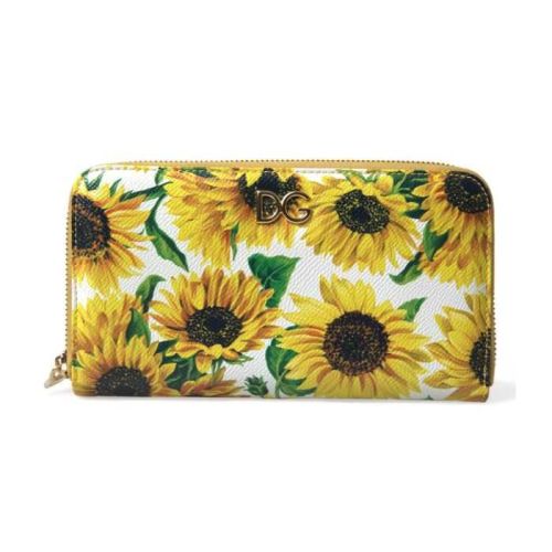 Dolce  Gabbana White Sunflower Leather DG Zip Around Continental Wallet (BAG1345)