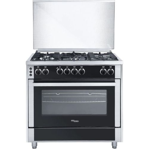 Super General Freestanding Gas-Cooker 5-Burner Full-Safety, Steel Cooker, Gas Oven With Thermostat, Rotisserie, Automatic Ignition, Silver - SGC916FSBGOF