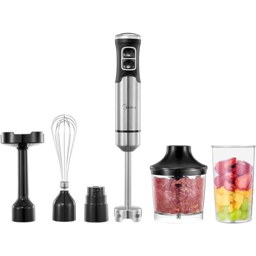 Midea Hand Blender Stainless Steel 4 in 1,1000 W Electric Purée Stick, 500 ml Chopper, 600 ml Cup, Masher, Whisk, for Baby Food - MJBH6001W