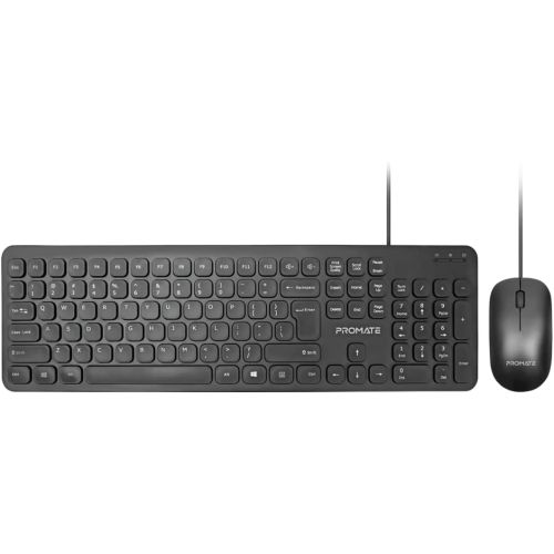 Promate Wired Keyboard and Mouse Combo, Ergonomic Ultra-Slim Full-Size 106-Keys Quiet Keyboard with 1200 DPI Ambidextrous Mouse, Angled Kickstand and Volume Control Keys, Combo-KM2 English