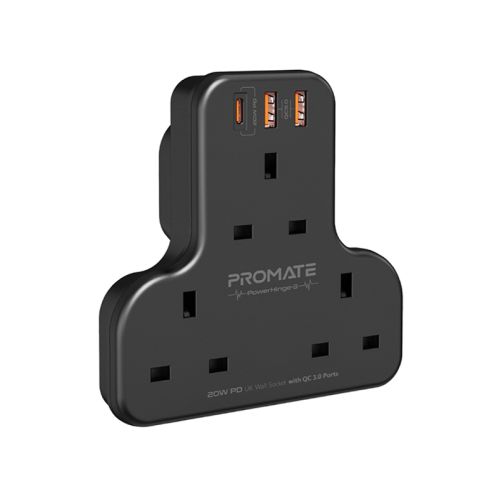 Promate Power Strip with 3250W 3 AC Outlets, 20W USB-C PD Port and Dual 20W QC 3.0 Ports, PowerHinge-3, Black