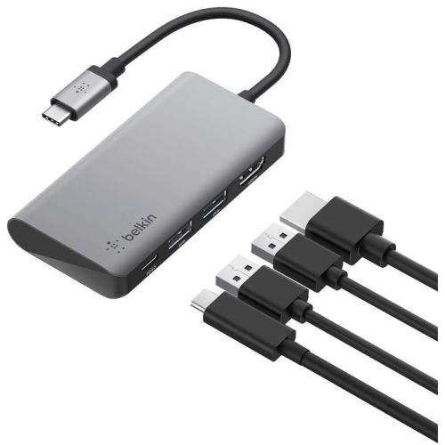 Belkin USB C 4 in 1 MultiPort Adapter With 4K HDMI, 100W PD Pass Through Charging, 2 x A Ports For MacBook Pro, Air, iPad XPS & More, GRAY