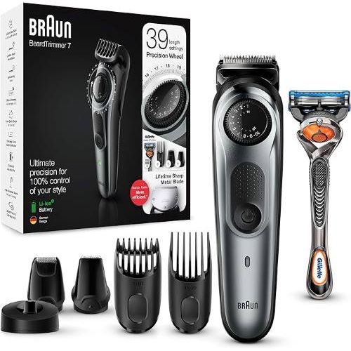 Braun Beard Timmer 7 With 39 Length Settings Precision Wheel Cordless & Rechargeable With Gillette Proglide Razor-(Black/Silver,Metal) - (BT 7240)