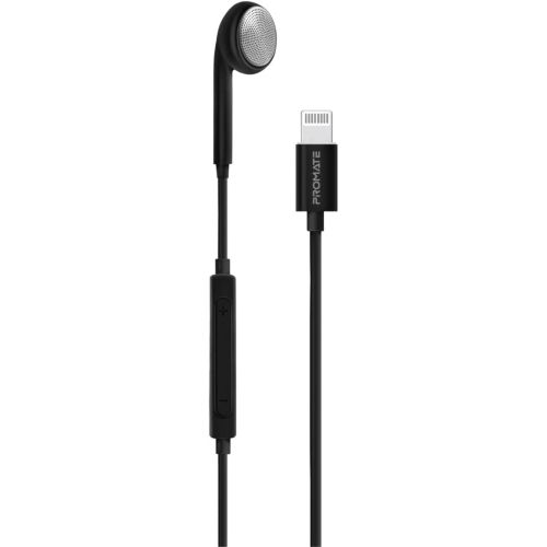 Promate Earbuds with Lightning Connector, Ergonomic In-Ear Apple MFi Certified Mono Earphone with Mic, Noise Isolation, Call Function and In-Line Volume Control for iPhone 13/13 Pro Max, Beat-LT Black