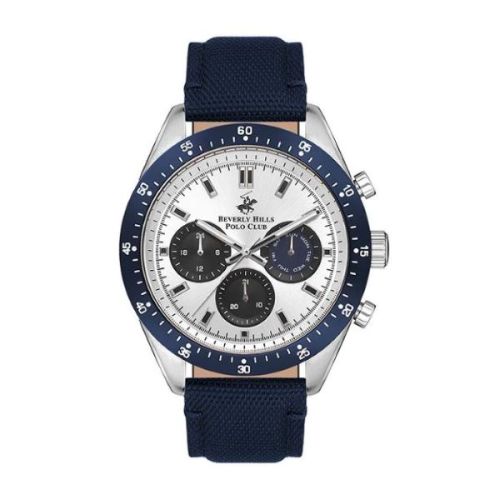 Beverly Hills Polo Club Men's VX9J Movement Watch, Multi Function Display and Leather Strap - BP3359X.339, Blue
