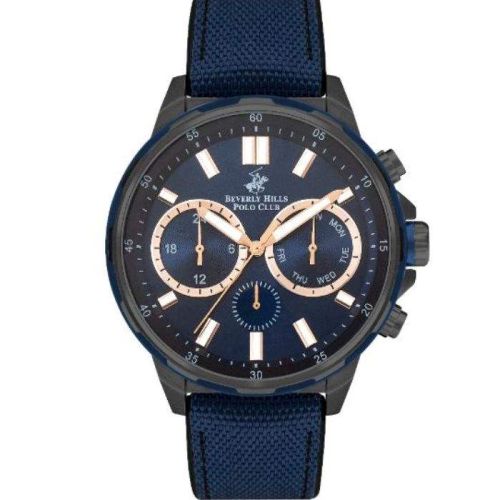 Beverly Hills Polo Club Men's VX9JE1 Movement Watch, Multi Function Display and Nato Strap, Dark Blue - BP3402X.099