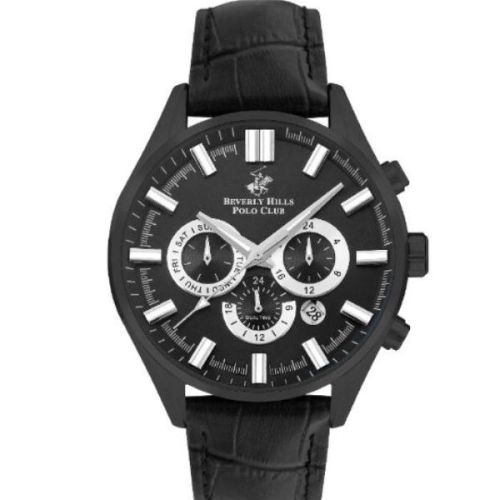 Beverly Hills Polo Club Men's JP25 Movement Watch, Multi Function Display and Leather Strap - BP3504X.351, Black