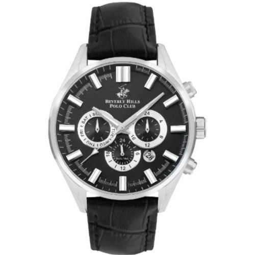 Beverly Hills Polo Club Men's JP25 Movement Watch, Multi Function Display and Leather Strap - BP3504X.651, Black