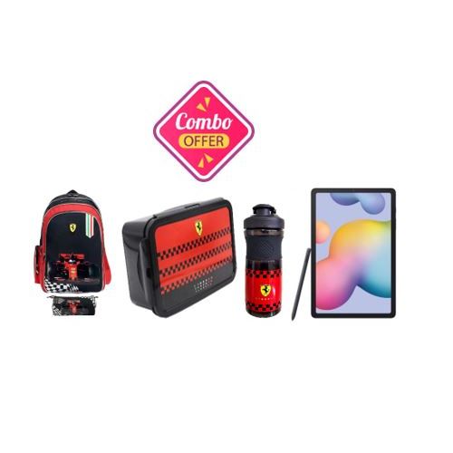 Ferrari flag backpack with pencil case +  Lunch Box +Water Bottle + Samsung Tab Combo Offer