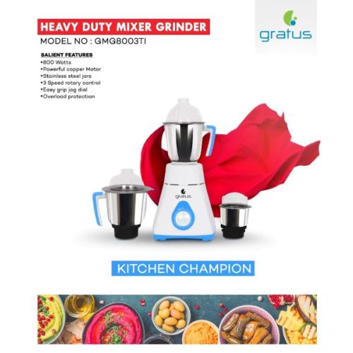 Gratus 800W Mixer Grinder With 3 Strong Steel Jars - GMG8003TI