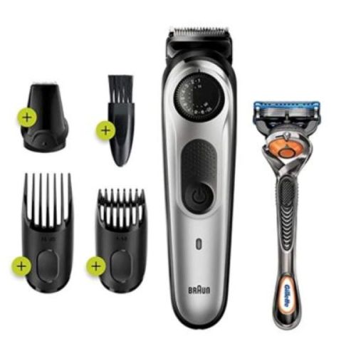 Braun Beard Trimmer for Men Cordless & Rechargeable Hair Clipper, Detail Trimmer with Gillette ProGlide Razor 39 5min Quick Charge 100 min Runtime, Black/Silver Metal - BT 5260