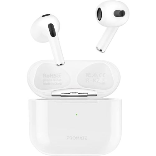 Promate True Wireless Earbuds, High Fidelity In-Ear Bluetooth v5.0 Earphones with Built-in Mic, 25H Playback Time, Touch Controls, Auto Pairing and Wireless Charging Case, FreePods-2 White