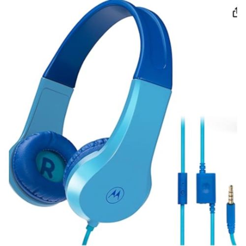 Motorola Moto JR200 Kids Headphones with Microphone - Lightweight Over Ear Wired Foldable Design-Blue
