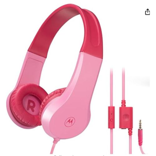 Motorola Moto JR200 Kids Headphones with Microphone - Lightweight Over Ear Wired Foldable Design, Pink