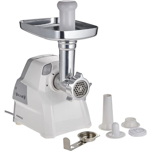 Kenwood Meat Grinder 2100W Meat Mincer with Kibbeh Maker, Sausage Maker, Biscuit Attachment, Feed Tube Pusher, 3 Stainless Steel Screens for Fine, Medium & Coarse Results MGP40.000WH White