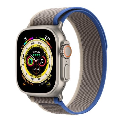 Apple Watch Ultra (GPS + Cellular), 49mm Titanium Case with Blue/Gray Trail Loop, S/M