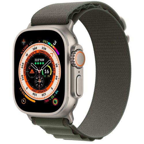 Apple Watch Ultra (GPS + Cellular), 49mm Titanium Case with Green Alpine Loop - Medium
