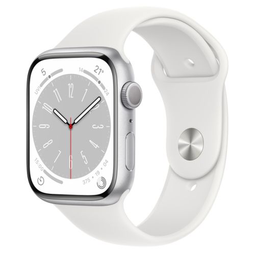 Apple Watch Series 8 (GPS), 45mm, Silver Aluminium Case with White Sport Band 