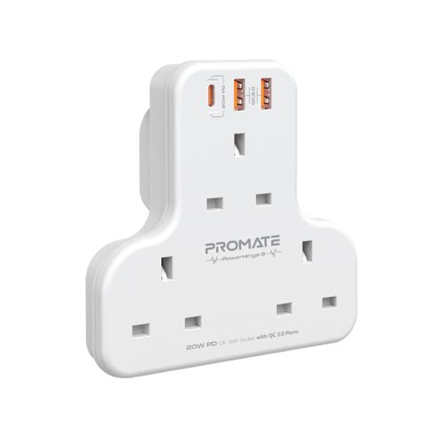 Promate Power Strip with 3250W 3 AC Outlets, 20W USB-C PD Port and Dual 20W QC 3.0 Ports, PowerHinge-3, White