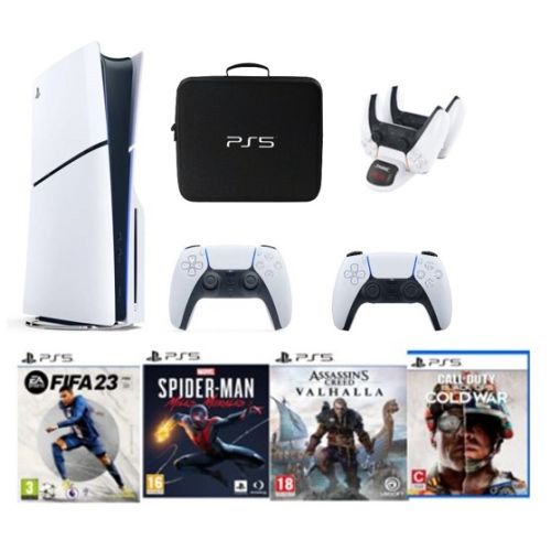 Sony PlayStation 5 Slim Disc 1TB with Extra Controller (International Edition) Bag, Charger Dock Station and 4 Games