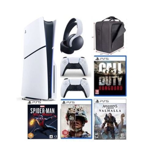 Sony PlayStation 5 Console Slim Disc 1TB (International Edition) with Extra Controller, Pulse Head Set, Bag, Charger Dock Station and 4 Games