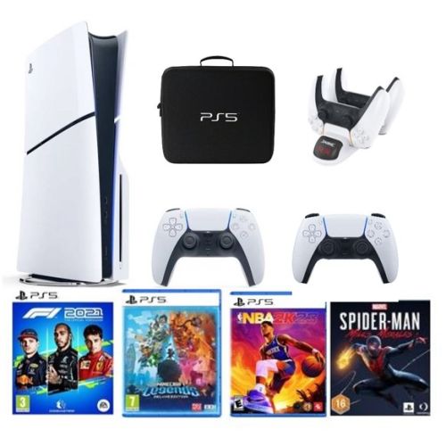 Sony PlayStation 5 Console Disc Slim 1TB with Extra Controller (International Edition) with Bag, Charger Dock Station, 4 Games