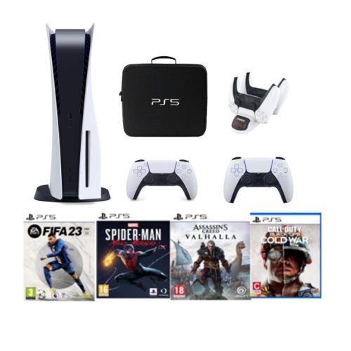Sony PlayStation 5 Console Disc Standard with Extra Controller (International Edition) with Bag, Charger Dock Station and 4 Games