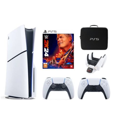 Sony PlayStation 5 Console Disc Version Slim 1TB with Extra Controller (International Edition) with Bag, Charger Dock Station and WWE2K24 Game