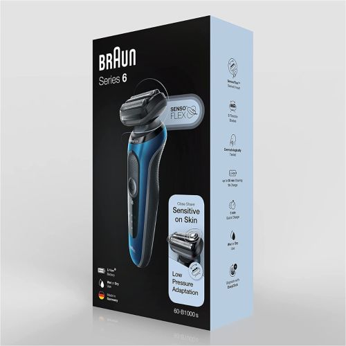 Braun Shaver Series 6 Sensoflex Wet & Dry Shaver, With Travel Case, Blue, Shaver 60-B1000S