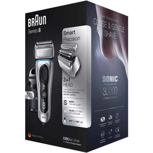 Braun Series 8 Wet & Dry Men's Electric Shaver with Clean & Charge station and Travel Case, Silver, Shaver 8390CC
