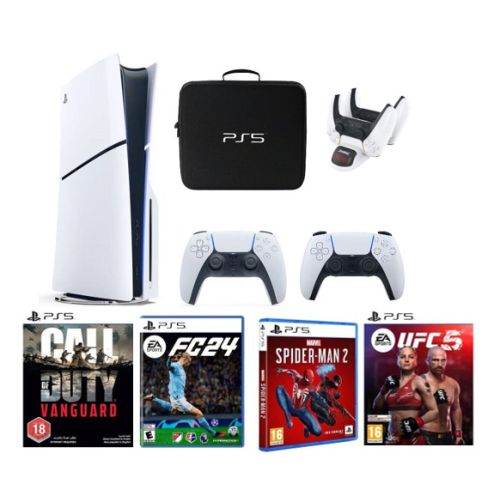 Sony PlayStation 5 Console Disc Version Slim 1TB with Extra Controller (International Edition) with Bag, Charger Dock Station and 4 Games