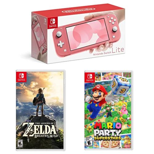Switch Lite Console Coral Pink with The Legend of Zelda: Breath of the Wild & Mario Party Superstars