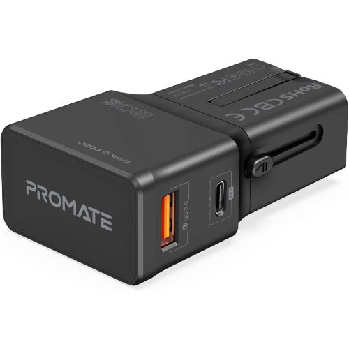 Promate International Travel Adapter with Type-C 20W PD Port, TRIPLUG-PD20.BLACK