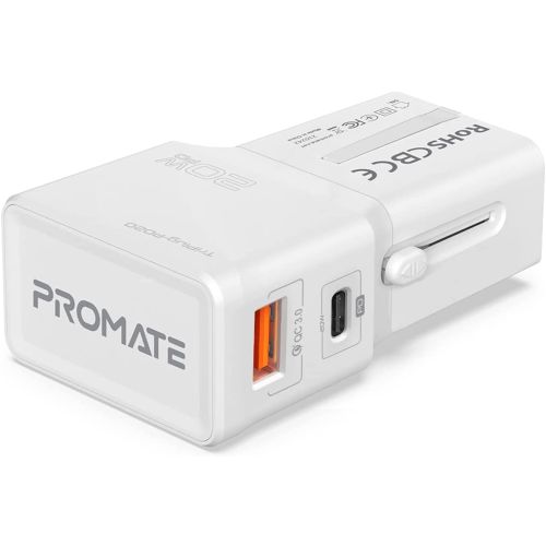 Promate International Travel Adapter With Type-C 20W Pd Port, TRIPLUG-PD20.WHITE