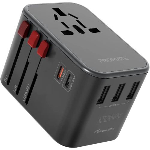 Promate Travel Adapter, Universal Grounded Power Adapter with 1840W AC Socket, TRIPMATE-33W