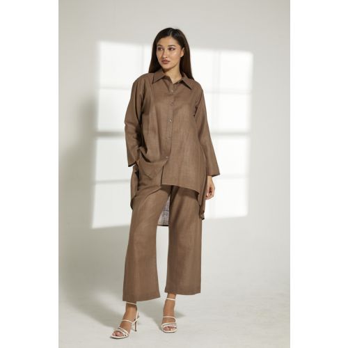 Brown Linen Fabric Top And Pants Set (XS, S, M, L, XL, XXL)