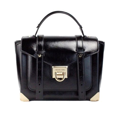 Michael Kors Manhattan Medium Slick Black Leather Top Handle School Satchel Bag (72676)