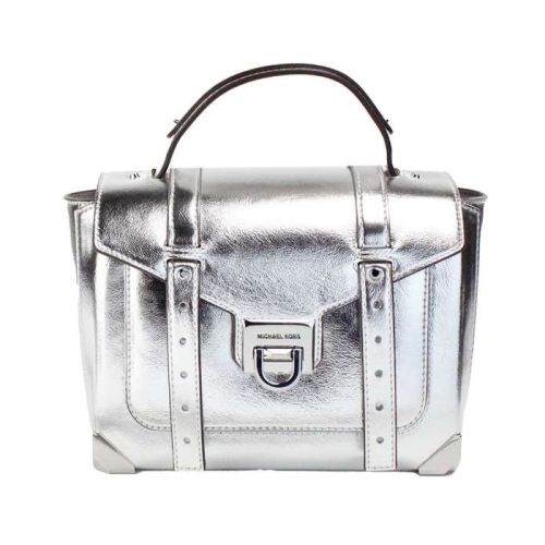 Michael Kors Manhattan Medium Silver Leather Top Handle Satchel Bag (81715)