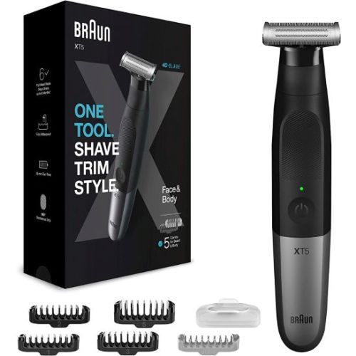 Braun Series X All in One Showerproof Beard Trimmer, Shaver, and Body Groomer for Men with 5 combs for Face & Body, Gifts for Men  black/silver - XT5100